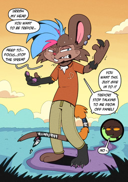 bodily_fluids brown_body brown_fur buckteeth dialogue digitigrade digitigrade_to_plantigrade ear_piercing ear_ring fur jewelry male orange_sclera piercing plantigrade red_nose ring_piercing speech_bubble sweat sweatdrop tail tail_wraps teeth text transformation twinning wraps trevor-fox trevor-fox_(character) mammal mouse murid murine rodent english_text hi_res nonbinary_(lore)