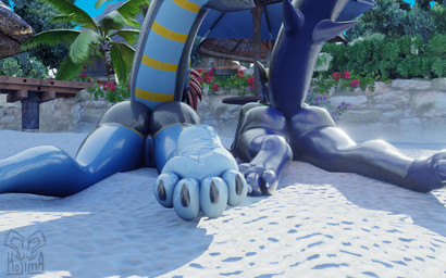 beach butt claws duo female genitals lying on_front parasol plant raised_tail rear_view sand tail vulva kojima_(artist) mirova_(cilenomon) sierra_mizukazei aquatic fish shark 3d_(artwork) digital_media_(artwork) hi_res