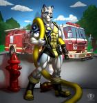 2014 abs anthro arctic_wolf armor athletic biceps biped black_nose blue_eyes boots boxer_briefs bulge canid canine canis chest_tuft claws clothed clothing digital_media_(artwork) fahleir fire_engine fire_hose fire_hydrant firefighter firefighter_helmet footwear fur grey_body grey_fur grey_hair grin hair headgear helmet hose looking_at_viewer male mammal muscular muscular_anthro pecs pose smile solo standing suspenders tail tattoo topless truck_(vehicle) tuft turnout_gear ulric_arnoux underwear vallhound vehicle watermark white_body white_fur wolf yellow_body yellow_fur