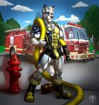 abs anthro armor athletic biceps biped black_nose blue_eyes boots boxer_briefs bulge chest_tuft claws clothed clothing fire_engine fire_hose fire_hydrant firefighter firefighter_helmet footwear fur grey_body grey_fur grey_hair grin hair headgear helmet hose looking_at_viewer male muscular muscular_anthro pecs pose shoes smile solo standing suspenders tail tattoo topless truck_(vehicle) tuft turnout_gear underwear vehicle white_body white_fur yellow_body yellow_fur vallhound fahleir ulric_arnoux arctic_wolf canid canine canis mammal wolf 2014 digital_media_(artwork) watermark