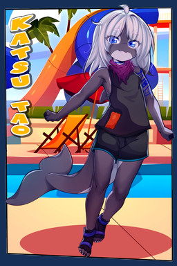 anthro biped blue_eyes bottomwear clothed clothed_female clothing detailed_background eyelashes female fluffy fluffy_tail footwear grey_body loli looking_at_viewer multicolored_body navel outside plantigrade pupils scarf shirt shorts smile socks solo tail tank_top text thick_thighs toeless_footwear toeless_socks topwear young young_anthro young_female ai_assisted ai_generated_background sicmop aquatic cetacean mammal whale 2025 2:3 absurd_res alpha_channel hi_res