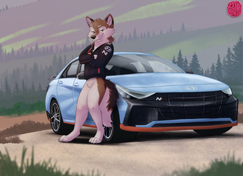anthro car clothing jacket male pose solo topwear vehicle pawprincess hyundai_elantra canid canine canis mammal wolf absurd_res hi_res pinup