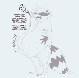 anthro armpit_hair belly belly_overhang belly_tuft big_belly bloated body_hair burping chest_tuft dialogue digestion fatal_vore hand_on_belly male male_pred navel nipples open_mouth rumbling_stomach same_size_vore sharp_teeth simple_background solo teeth text thick_thighs tuft vore white_background rogero_(artist) guardians_of_the_galaxy marvel marvel_rivals rocket_raccoon mammal procyonid raccoon english_text hi_res
