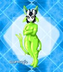 antennae_(anatomy) anthro black_hair blue_body blue_fur breasts clothing crossed_arms dripping drippy female forked_tail fur gender_transformation green_body green_fur hair mask masking slime smile solo suit suiting tail transformation unusual_anatomy unusual_tail sourmagic nintendo pokemon eeveelution espeon generation_2_pokemon pokemon_(species) shiny_pokemon