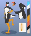 4_toes 5_fingers anisodactyl anthro avian_feet biped black_body black_feathers blue_eyes feathers feet female fingers nude orange_body orange_skin scuted_arms scutes simple_background smile solo standing toes white_body white_feathers blackbatwolf aysha_(laulenture) alcid avian bird lari puffin absurd_res hi_res model_sheet