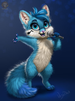 anthro blue_body blue_eyes blue_fur chibi electronics female fluffy fluffy_tail fur looking_at_viewer melody_forte microphone open_mouth singing solo tail vestina canid canine fox mammal hi_res