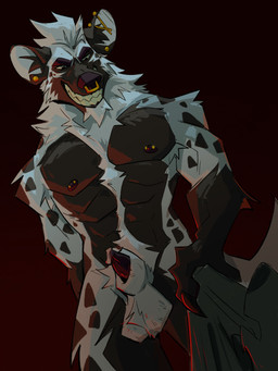 animal_genitalia anthro anthro_on_anthro balls barbell_piercing beard black_body black_fur body_hair clothing clothing_pull dominant dominant_male duo ear_piercing facial_hair facial_piercing fluffy_mane fur genitals goatee grin industrial_piercing jewelry light looking_down looking_down_at_partner male mane markings menacing_aura moonlight muscular nipple_barbell nipple_piercing nipples nose_piercing piercing red_light septum_piercing smile solo_focus spots spotted_body spotted_fur stretched_lobes tufted_fur white_body white_fur heromule zima hyena mammal spotted_hyena 3:4 absurd_res hi_res