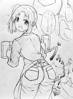 alcohol anthro apron attempted_seduction bag bangs beer beer_mug beverage black_eyebrows bottomwear butt caught_staring clothing crotch_lines duo eyebrows eyelashes fangs fart fart_fetish fart_torture farting_in_mouth farting_on_another farting_on_face female female_farting female_human happy holding_object human_on_anthro interrupted interspecies japanese laugh laughing_at_another male male/female male_anthro male_anthro_on_female plant proud proud_expression shocked teeth text tongue turning_the_tables voyeur waiter waitress_uniform hakaba6 amagi_brilliant_park tirami canid canine canis domestic_dog human mammal pomeranian spitz graphite_(artwork) japanese_text monochrome shaded traditional_media_(artwork) translated female_(lore) male_(lore)