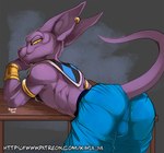 2018 anthro armband beerus bent_over big_ears bottomwear bracelet butt clothed clothing conditional_dnp digital_media_(artwork) domestic_cat dragon_ball dragon_ball_super ear_piercing ebonychimera felid feline felis furniture grey_background hairless hairless_cat hi_res jewelry looking_at_viewer looking_back looking_back_at_viewer male mammal naughty_face on_table pants patreon_username piercing presenting presenting_hindquarters purple_body purple_nose purple_skin purple_tail raised_tail rear_view simple_background smile snout solo sphynx_(cat) table tail text yellow_eyes