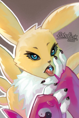 3_fingers anthro arm_tuft armwear black_claws black_lips black_nose black_sclera blue_eyes bridal_gauntlets cheek_tuft chest_tuft claws clothing countershading duo eyebrows eyelashes eyeliner facial_tuft female fingers fur grey_background hair hand_on_cheek hand_on_face licking lips long_ears looking_at_viewer makeup neck_tuft open_mouth pink_tongue pose purple_clothing short_hair shoulder_tuft simple_background standing teeth text textured_background tongue tongue_out tuft white_body white_countershading white_fur yellow_body yellow_fur tt3trop4ck bandai_namco digimon canid digimon_(species) mammal renamon 2026 artist_name colored dated hi_res shaded