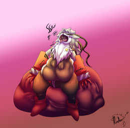 anthro belly belly_expansion belt bottomwear breasts brown_body brown_fur clothing cybernetic_arm cybernetic_limb duo expansion featureless_breasts female fur grey_body grey_fur grey_hair hair male mask mechanical_arm multicolored_body multicolored_fur navel neck_tuft pants sitting sound_effects star swallowing teeth text tongue tuft two_tone_body two_tone_fur vore white_body white_fur zipper radarn_(artist) bandai_namco digimon rai_(radarn) canid canine digimon_(species) fox mammal wolvermon 2025 english_text hi_res line_art monochrome