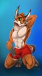 anthro black_body black_fur bottomwear brown_body brown_fur bulge claws clothed clothing fur green_eyes hair looking_at_viewer male muscular muscular_anthro muscular_male paws smile solo tan_body tan_fur underwear nanukkluik storok felid feline lynx mammal 2020 digital_media_(artwork)