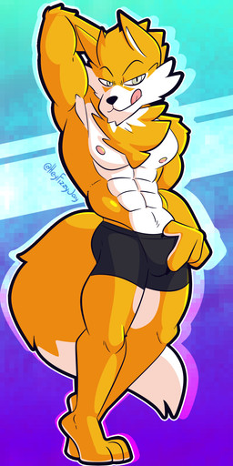 abs abstract_background anthro arm_tuft barefoot bedroom_eyes black_briefs black_clothing black_nose black_underwear briefs briefs_only cheek_tuft chest_tuft chin_tuft closed_smile clothed clothed_anthro clothed_male clothing countershade_face countershade_fur countershade_legs countershade_torso countershading digitigrade dipstick_tail elbow_tuft facial_tuft feet fluffy fluffy_tail fur green_eyes hand_on_hip hindpaw licking licking_lips licking_own_lips male male_anthro markings mouth_closed multicolored_body multicolored_fur muscular muscular_anthro muscular_male narrowed_eyes neck_tuft nipples outline paws pink_nipples pink_tongue plantigrade seductive smile smiling_at_viewer solo tail tail_markings tongue tongue_out topless topless_anthro topless_male tuft two_tone_body two_tone_fur two_tone_tail underwear underwear_only white_body white_countershading white_fur white_inner_ear white_tail_tip yellow_body yellow_fur yellow_tail fizzyjay ace_combat_7 bandai_namco trigger_(ace_combat_7) canid canine canis mammal wolf 1:2 cel_shading digital_drawing_(artwork) digital_media_(artwork) full-length_portrait hi_res portrait shaded