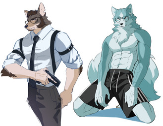 abs anthro athletic athletic_anthro athletic_male biceps biped black_bottomwear black_clothing black_necktie black_nose black_pants blue_body blue_fur bottomwear brown_body brown_fur cheek_tuft clothed clothing duo earbuds electronics eyewear facial_tuft fur glasses gun hair handgun headphones long_pants male multicolored_body multicolored_fur muscular muscular_anthro muscular_male neck_tuft necktie pants pecs pistol ranged_weapon shirt shorts simple_background sportswear suspenders tail tan_body tan_fur topwear tuft two_tone_body two_tone_fur vein weapon white_body white_clothing white_fur white_shirt white_topwear dxmdwq764027 airpods brand_new_animal echo_(series) echo_project studio_trigger the_smoke_room shirou_ogami william_adler canid canine canis mammal wolf absurd_res crossover hi_res