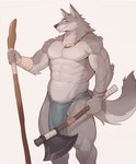 anthro axe bandage blush bottomwear bulge clothed clothing collar ear_piercing fur grey_body grey_fur loincloth loincloth_only looking_at_viewer male melee_weapon muscular muscular_anthro muscular_male piercing simple_background smile solo stick topless weapon disiwjd canid canine canis mammal wolf hi_res