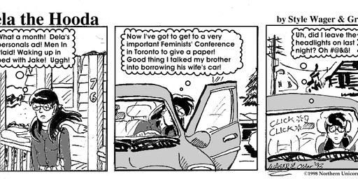 breasts car clothed clothed_female clothing coat dialogue ear_piercing eyewear female glasses hair human_only not_furry piercing purse scarf solo text topwear vehicle style_wager dela_the_hooda sue_chan_(dela_the_hooda) human mammal 1998 comic english_text greyscale monochrome