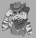 anthro cheek_tuft clothing cowboy_hat cowboy_outfit facial_tuft fur glistening hat headgear headwear kerchief male open_mouth simple_background solo striped_body striped_fur stripes teeth tipping_hat tuft fleurfurr 2024 greyscale monochrome