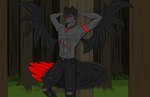 bare_chest bat_wings big_tail black_body black_bottomwear black_clothing black_fur black_hair black_pants black_skin bottomwear clothing collar denim denim_bottomwear denim_clothing forest forest_background fur grass hair jeans jewelry male membrane_(anatomy) membranous_wings muscular nature nature_background necklace pants plant scar solo tail tight_bottomwear tight_clothing tight_jeans tight_pants torn_bottomwear torn_clothing torn_pants tree wings treebutnever canid canine canis demon humanoid hybrid mammal wolf absurd_res black_and_red hi_res