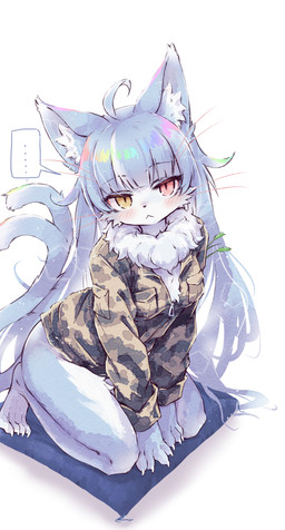 :3 :< ahoge ambiguous_gender anthro bangs biped black_nose blue_body blue_fur blue_hair blue_legs blue_pillow blue_tail blush camo camo_clothing camo_jacket camo_print camo_topwear cat_teaser cheek_tuft chest_tuft claws clothed clothing countershade_face countershade_legs countershade_torso countershading eyebrow_through_hair eyebrows eyelashes facial_tuft femboy fingers fluffy fluffy_chest forked_tail fur grass hair heterochromia highlights_(coloring) inner_ear_fluff kemono kneeling long_hair looking_at_viewer multicolored_highlights neck_tuft pattern_clothing pattern_topwear paws pillow plant pupils rainbow_highlights red_eyes simple_background sitting sitting_on_pillow slit_pupils solo spoken_ellipsis tail topwear translucent translucent_hair tuft unusual_anatomy unusual_tail whiskers white_background white_body white_claws white_countershading white_fur yellow_eyes kolshica japan_air_self-defense_force omaneko_(jasdf) domestic_cat felid feline felis mammal digital_media_(artwork) full-length_portrait hi_res portrait male_(lore)