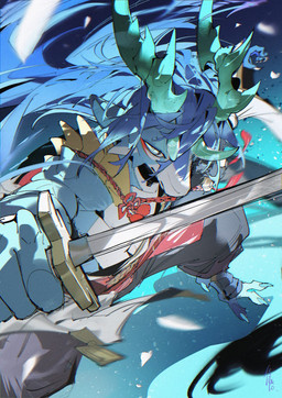 3_toes 4_horns anthro arm_spikes biped black_bottomwear black_clothing black_pants blue_background blue_body blue_eyes blue_hair blue_pupils bottomwear claws clothed clothed_anthro clothed_male clothing countershade_face countershade_neck countershade_tail countershade_torso countershading dewclaw feet finger_claws flesh_fang foreshortening front_view hair head_horn horn long_hair looking_at_viewer male mouth_closed multi_horn pants plantigrade pose pupils red_bottomwear red_clothing ringed_iris shoulder_spikes simple_background snout solo spikes spikes_(anatomy) tail tail_tuft teal_claws teal_horn toe_claws toes tuft white_body white_claws white_countershading white_sclera chiayeeee mythology dragon mythological_creature mythological_scalie scalie wingless_dragon 2026 chromatic_aberration digital_drawing_(artwork) digital_media_(artwork) full-length_portrait hi_res portrait signature