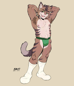 anthro arm_tuft armpit_tuft athletic athletic_male biceps brown_body brown_fur brown_hair brown_stripes bulge cheek_tuft clothing confident dipstick_tail elbow_tuft facial_tuft fluffy footwear full-body fur green_clothing green_eyes green_jockstrap green_underwear hair inner_ear_fluff jockstrap looking_aside male male_anthro markings nipples pecs pink_nipples pink_nose pink_tongue short_hair simple_background socks solo standing stripes tail tail_markings tan_background three-quarter_view tongue tongue_out tuft underwear whisker_spots whiskers white_body white_clothing white_footwear white_fur white_inner_ear_fluff white_socks alibi_47 domestic_cat felid feline felis mammal 2025 digital_media_(artwork) hi_res signature