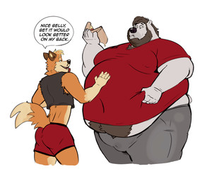 anthro beard belly belly_overhang belly_peek body_hair bottomwear butt chest_hair clothing crop_top dialogue duo eating facial_hair fluffy fluffy_tail food fupa hand_on_belly happy_trail holding_food holding_object larger_male looking_at_another male male/male moobs navel_outline nipple_outline nub_tail obese offering_sex overweight overweight_male pants shirt shorts size_difference smaller_male sweatpants tail text topwear weight_difference tcw tcw_(character) bear canid canine fox mammal polar_bear ursine english_text hi_res