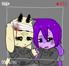 ambiguous_gender anthro bandage bandaged_head blood bodily_fluids bruised duo fur hair purple_body purple_fur purple_hair recording sad tears wounded young young_anthro bravobunny bovid caprine goat lagomorph leporid mammal rabbit half-length_portrait portrait