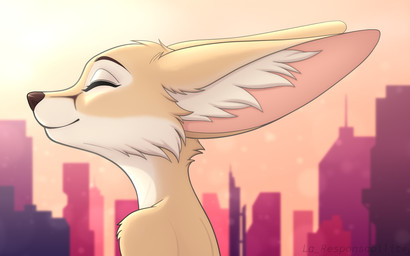 ambiguous_gender anthro building city city_background cityscape detailed_background eyes_closed fur happy inner_ear_fluff outside side_view solo sunset tuft la_responsabilite canid canine fennec_fox fox mammal true_fox 16:10 hi_res widescreen