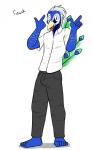 5:8 absurd_res anthro avian barefoot biped bird character_name clothed clothing feet frank_(texnatsu) fully_clothed fuze galliform hi_res male peafowl phasianid simple_background solo texnatsu toes white_background