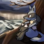 ambiguous_gender anthro cloud fur outside painterly plant shadow sitting solo spikes spikes_(anatomy) tree tuft advos nintendo pokemon generation_4_pokemon lucario pokemon_(species) 1:1 2023 meme reaction_image signature