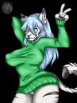 :3 anthro blue_hair clothed clothing cute_fangs fangs female fur gesture hair hand_gesture looking_at_viewer markings nipple_outline panties smile solo sweater teeth topwear turtleneck underwear v_sign white_body white_fur youtuber deelittle the_corbin_family nicole_corbin felid mammal alpha_channel hi_res