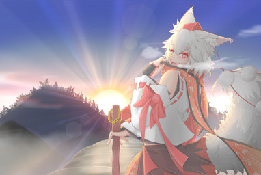 :d armwear backlighting black_bottomwear black_clothing black_skirt bottomwear breath clothing cloud detached_sleeves female hair hat headgear headwear inner_ear_fluff light looking_at_viewer mountain multicolored_skirt red_bottomwear red_clothing red_hat red_headwear red_scarf red_skirt scarf shirt skirt smile solo sun sunlight tail tokin_hat topwear tuft white_clothing white_ears white_hair white_inner_ear_fluff white_shirt white_sleeves white_tail white_topwear cube85 touhou momiji_inubashiri animal_humanoid canid canid_humanoid canine canine_humanoid humanoid mammal mammal_humanoid wolf_humanoid hi_res lighting