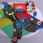 alcohol anthro anus backsack ball_gag balls bent_legs beverage biped black_body black_fur blue_body blue_fur bound butt calves_up food fur gag gagged genitals hands_behind_back harness harness_gag looking_at_viewer looking_back lube lying male muzzle_(object) on_front raised_calf rear_view red_eyes restraints solo spread_legs spreader_bar spreading submissive submissive_male tail yellow_body yellow_fur iceman_(artist) nintendo pokemon canid canine generation_4_pokemon lucario mammal pokemon_(species)