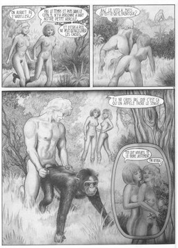 bestiality breasts dialogue eyes_closed female female/female feral forest genitals group human_on_feral interspecies male male_on_feral nipples nude outside plant pubes text tree vulva wood jack_rhodes tarzoon haplorhine human mammal monkey primate comic french_text greyscale hi_res monochrome translated
