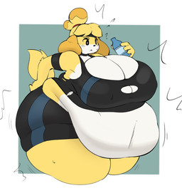:< accessory anthro armband belly belly_jiggle belly_overhang belly_rolls beverage big_belly big_breasts black_eyes blonde_hair bodily_fluids border bottomwear bra breast_overflow breasts choker cleavage clothed clothing curvy_figure eyelashes fat_rolls female fur hair hair_accessory hairband hand_on_hip headband holding_beverage holding_object huge_belly huge_breasts huge_hips huge_thighs jewelry jiggling love_handles midriff motion_lines multicolored_body multicolored_fur navel necklace nipple_outline obese obese_anthro obese_female overweight overweight_anthro overweight_female pupils question_mark shorts solo sports_bra standing sweat thick_thighs tight_clothing torn_clothing two_tone_body two_tone_fur underwear white_body white_border white_fur white_pupils wide_hips yellow_body yellow_fur inazuma_kat animal_crossing nintendo isabelle_(animal_crossing) canid canine canis domestic_dog mammal shih_tzu toy_dog 2026 digital_media_(artwork) hi_res