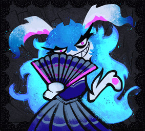 anthro arms_bent black_background blue_clothing blue_dress blue_ear_tips blue_hair clothed clothed_anthro clothed_female clothing dipstick_ears dress ear_markings eyelashes female female_anthro fur hair hand_pawpads holding_fan long_ears long_eyelashes long_hair looking_at_viewer mitten_hands multicolored_ears multicolored_hair no_pupils noseless paper_fan pawpads purple_eyes purple_inner_ear purple_pawpads sharp_teeth simple_background smile smiling_at_viewer solo teeth toothy_smile two_tone_hair white_body white_fur altermentality mario_plus_rabbids_sparks_of_hope nintendo raving_rabbids rayman_(series) ubisoft midnite_(mario_plus_rabbids) ghost hybrid lagomorph mammal rabbid spirit 2022 colored digital_drawing_(artwork) digital_media_(artwork) portrait three-quarter_portrait