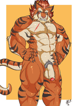 5_fingers abs anthro balls big_muscles big_penis blue_eyes claws fingers flaccid foreskin front_view fur genitals glans humanoid_genitalia humanoid_penis looking_at_viewer male mature_anthro mature_male multicolored_body multicolored_fur multicolored_tail muscular muscular_anthro muscular_male navel nipples nude orange_background penis pubes scar simple_background smile smiling_at_viewer solo standing tail thin_tail christrdo hi-rez_studios paladins_(game) tiberius_(paladins) felid hybrid mammal pantherine tiger 2020 absurd_res hi_res signature