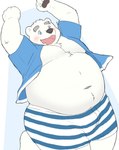 anthro belly big_belly black_nose blue_eyes blush bottomwear bulge clothing kemono male moobs navel overweight overweight_male shorts simple_background solo nikukyu299paw utau shirane_kan bear mammal polar_bear ursine 2024 hi_res