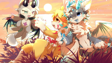 2_horns 4_fingers anthro biped blonde_hair blue_eyes blue_pawpads chest_tuft cute_fangs day fangs fingers flying fur grass grey_body grey_fur group hair heterochromia horn kemono lake light male multicolored_body multicolored_fur one_eye_closed open_mouth open_smile outside pawpads paws pink_eyes plant reeds sitting smile sun sunlight sunset teeth trio tuft warm_lighting water white_body white_fur wings wink yellow_body yellow_eyes yellow_fur hlg7777 devil_connection makemon mythology devilun_(makemon) demon dragon furred_dragon furred_scalie mythological_creature mythological_scalie scalie 16:9 2026 cel_shading digital_drawing_(artwork) digital_media_(artwork) shaded wallpaper warm_colors widescreen