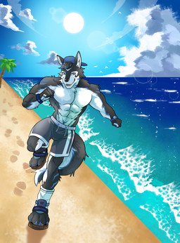 5_fingers abs anthro backwards_baseball_cap backwards_hat baseball_cap beach clothing cloud fingers fist hat headgear headwear palm_tree plant raised_leg running sand sea seaside sky solo sun swimwear tree water discordnight_(artist) thunderrangers archermagnum canid canine canis mammal wolf 2022 absurd_res digital_media_(artwork) hi_res signature