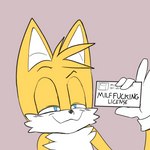 anthro black_nose blue_eyes clothing eyebrows fur gloves handwear holding_object humor license male profanity raised_eyebrow shitpost smile smug smug_expression smug_face solo white_body white_clothing white_fur white_gloves white_handwear yellow_body yellow_fur berkthejerk monsterfucker_license sega sonic_the_hedgehog_(series) miles_prower canid canine fox mammal meme