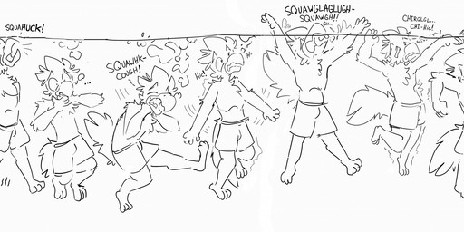 animal_noises anthro asphyxiation beak chirping clothed clothing constricted_pupils convulsions death drowning feathers hand_on_throat male motion_lines peril pupils sinking small_pupils solo squawking swimming_trunks swimwear tail tail_feathers topless topless_anthro topless_male wide_eyed wide_image colbycat kip_(colbycat) avian bird absurd_res black_and_white english_description hi_res long_image monochrome sequence