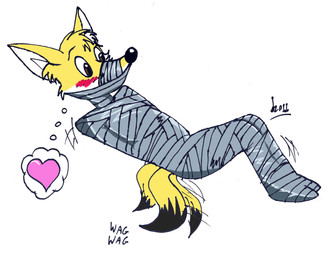 anthro bdsm black_nose blush bondage bound brown_eyes fully_bound fur gag gagged heart_symbol male mummification muzzle_(object) muzzled solo submissive submissive_male tail tail_motion tailwag tape tape_bondage tape_gag tape_muzzle white_body white_fur yellow_body yellow_fur levvvar canid canine fox mammal 2011 hi_res