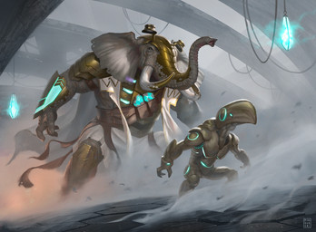 anthro armor duo lamp looking_up machine male proboscis_(anatomy) science_fiction size_difference smoke standing trunk_(anatomy) tusks wire pindurski hasbro magic:_the_gathering wizards_of_the_coast elephant elephantid humanoid mammal myr_(magic:_the_gathering) proboscidean robot 2023 digital_media_(artwork) hi_res official_art