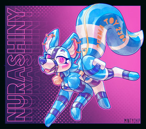 1980s_theme abstract_background ambiguous_gender ball_gag bdsm bell bell_collar big_tail blue_body blue_collar blue_nose blue_straps bondage bound cheek_spots collar drone featureless_crotch female feral gag glistening glistening_body glistening_latex gold_bell handles_on_hips inflatable latex permanent piercing pink_eyes stripes tail text text_on_body toy white_body white_stripes zipper mintychipart animate_inanimate canid canine living_inflatable mammal 2025 digital_drawing_(artwork) digital_media_(artwork) hi_res krita_(artwork) shaded