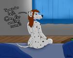 anthro bed biped butt collar dialogue ear_piercing female furniture looking_at_viewer looking_back makeup nude piercing sitting solo text kinaj anna_(kinaj) canid canine canis dalmatian domestic_dog mammal 5:4 english_text hi_res