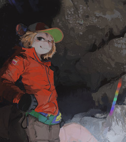 anthro baseball_cap clothing ear_piercing female flat_chested gloves hair handwear hat headgear headwear industrial_piercing jacket lesbian_pride_colors lgbt_pride looking_at_viewer outside piercing pride_colors solo teeth_showing topwear nule american_opossum mammal marsupial 2026 hi_res