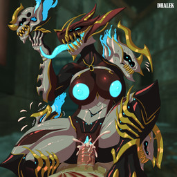 anthro armor bandage big_breasts blood bodily_fluids breasts claws clothing cum cum_in_vagina cum_inside cum_on_penis duo ejaculation erection female female_penetrated genital_fluids genitals glowing glowing_eyes glowing_genitalia glowing_markings glowing_nipples licking long_tongue machine male male/female male_penetrating male_penetrating_female markings nervous nervous_sweat nipples penetration penis scratches self_lick sex sharp_teeth sweat sweatdrop teeth thick_thighs tongue vaginal vulva wounded dhalek digital_extremes tencent warframe dhalek_(dhalek) the_wanderer_(dhalek) voruna_(warframe) voruna_prime alien biomechanical canid canine humanoid mammal prime_warframe robot scalie warframe_(species) 1:1 absurd_res digital_media_(artwork) hi_res