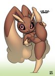 anthro black_sclera breasts dialogue featureless_breasts featureless_crotch female flexible looking_at_viewer nude one_leg_up raised_leg solo splits spread_legs spreading standing stretching text vertical_splits xylas nintendo pokemon generation_4_pokemon lagomorph lopunny mammal pokemon_(species) english_text