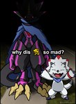 anthro belt black_body black_sclera cape clothing duo evolutionary_family glowing glowing_eyes horn male size_difference stinger_tail text white_body raikodrivaille bandai_namco digimon digimon_ghost_game why_dis_look_so_mad_(meme) digimon_(species) gammamon gulusgammamon english_text hi_res meme